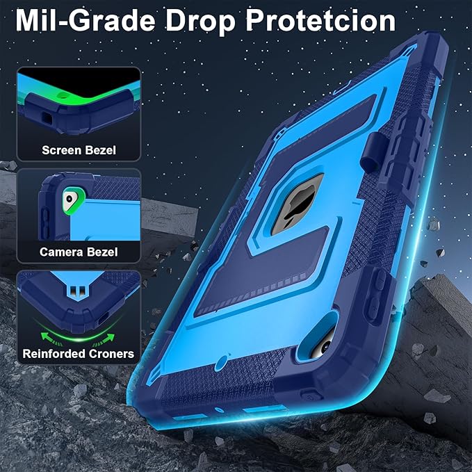 Kids Friendly Case for Apple iPad 10.2" 9th 8th 7th Generation 2021/2020/2019 Case with Pencil Holder & Shoulder Strap, Military Grade Shockproof Kickstand Hard Shell Protective Cover,Blue