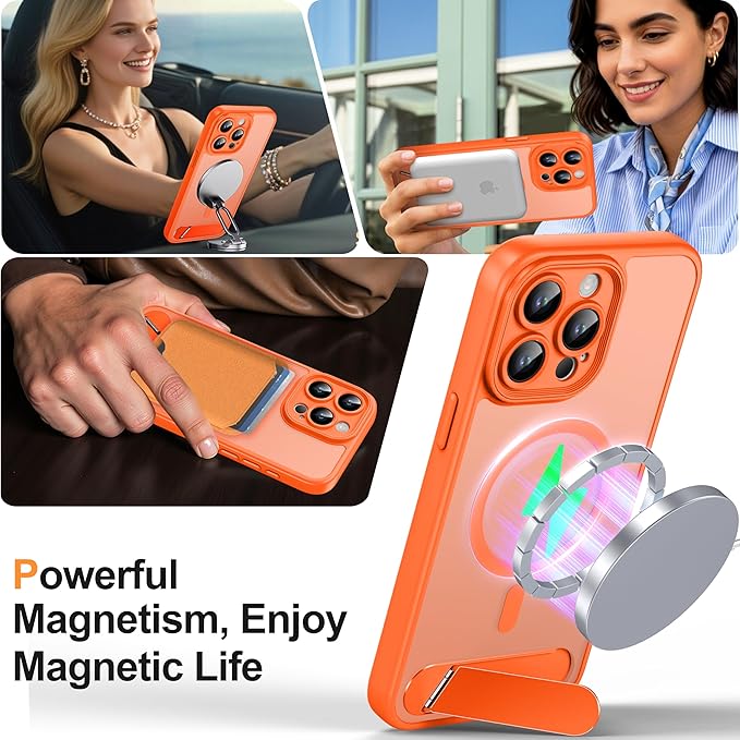 Magnetic Compatible with iPhone 15 Pro Max Case, [Built-in Kickstand][Full Camera Protection][Compatible with MagSafe][Anti-Fingerprint] Shockproof Phone Case for iPhone 15 Pro Max 6.7",Orange