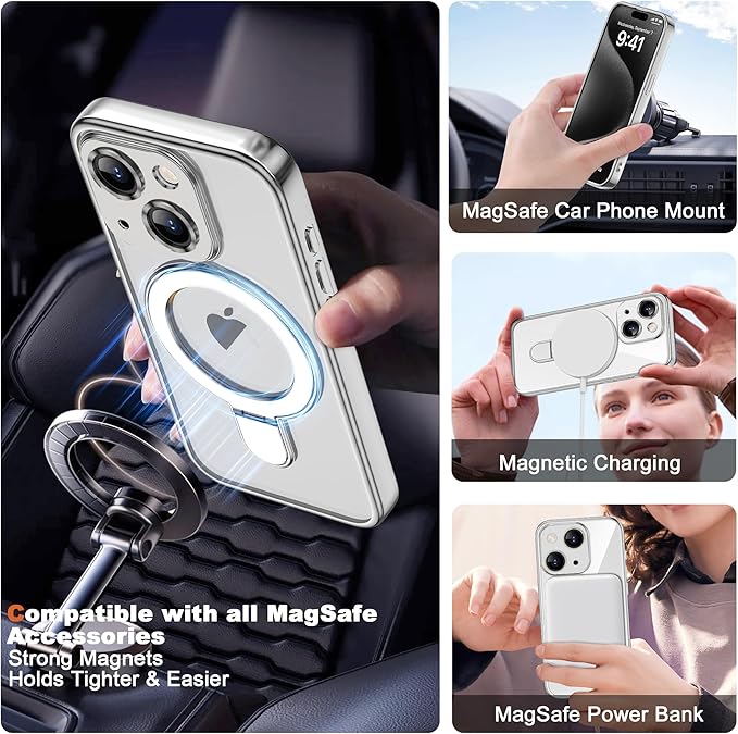 Compatible with iPhone 13 Case with Invisible Magnetic Ring Stand [Compatible with Mag-Safe] [Full Camera Lens Protector] Plating Clear Phone Case for iPhone 13 6.1", Silver