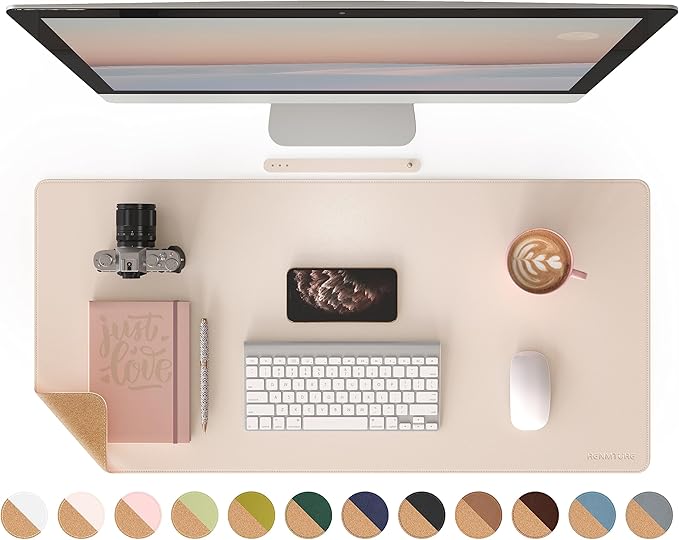 RENMTURE Dual-Sided Mouse Pad, Natural Cork & PU Leather Large Desk Pad for Office and Home Work, Desk Protector Non-Slip, Waterproof, Easy Clean (Apricot, 36"x17")