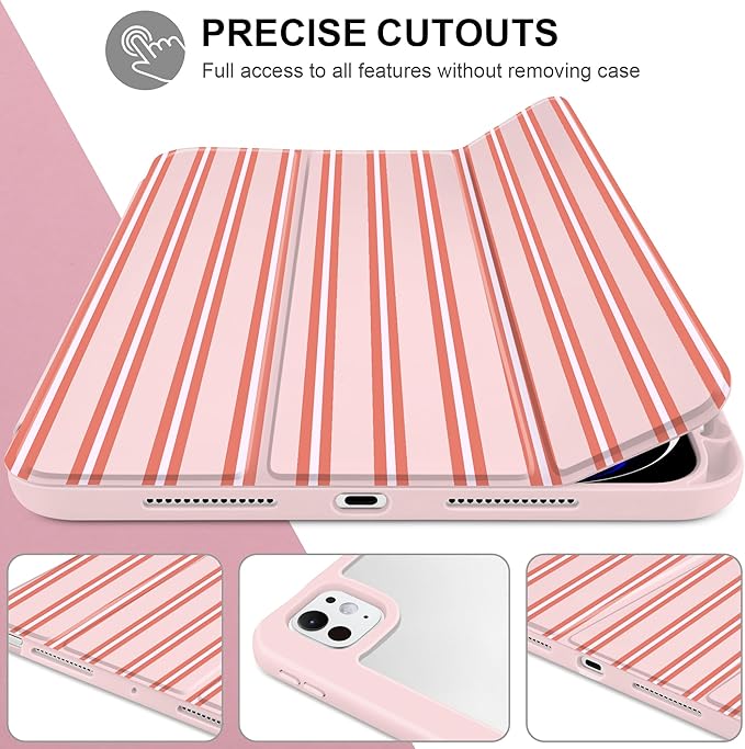 Case for iPad Pro 11 Inch (M5 2025 M4 2024) – [Built-in Pencil Holder], Shockproof & Stylish, Clear Hard Back + Soft TPU Edge, Magnetic Trifold Stand, Auto Wake/Sleep, Pink Stripes