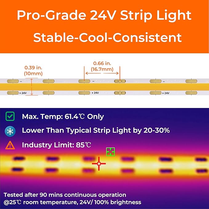 2700K COB LED Strip Lights, 24Volt Premium Flexible Tape Light with Strong 3M VHB Adhesive, CRI 95, UL Listed, Cuttable, Dimmable, 5W/FT for Bedroom, Kitchen, Cabinet (NO Power Supply)