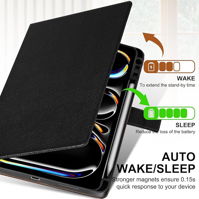Genuine Leather Case for iPad Pro 11 inch Case (M5) 2025 / (M4) 2024 | with Pencil Holder and Adjustable Stand, Magnetic Closure, Auto Wake/Sleep Cover | Black