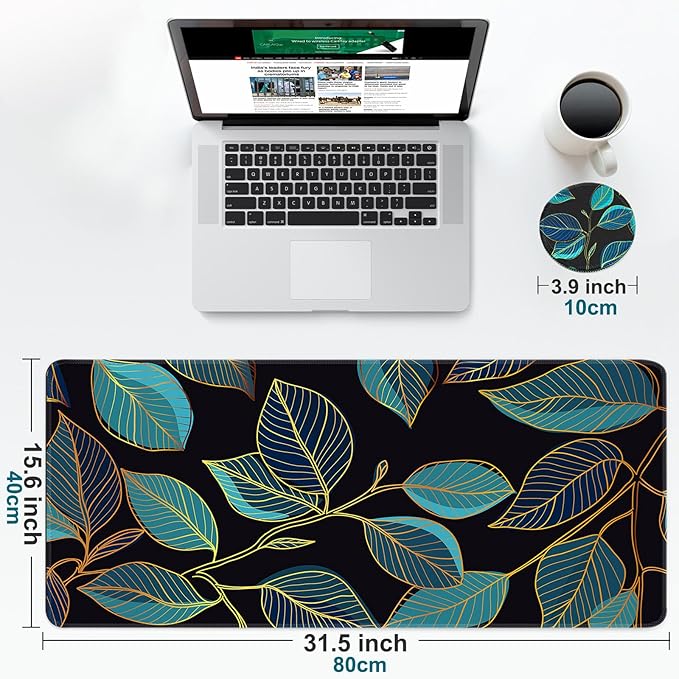 Large Gaming Mouse Pad with Coaster, Desk Matt for Desktop, Desk Pad, Mouse Pads Mat, Stitched Edges Big Extended Mousepad for Computer Keyboard Laptop Office Decor, 31.5'' x15.6''-Leaves 3