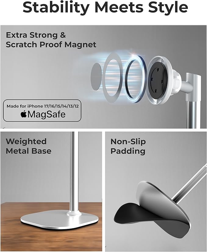 COOPER MagStand, Adjustable Magnetic iPhone Stand for Desk & Phone Holder for Video Recording, Compatible with MagSafe, Stand for iPhone 17 Pro Max, 16/15/14/13/12, Small Mag Safe Tripod (White)