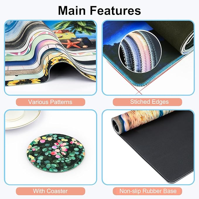 Large Gaming Mouse Pad with Coaster, Desk Matt for Desktop, Desk Pad, Mouse Pads Mat, Stitched Edges Big Extended Mousepad for Computer Keyboard Laptop Office Decor, 31.5'' x15.6''-Eucalyptus