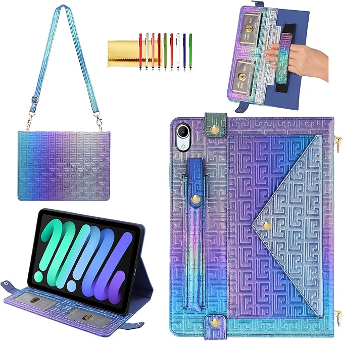 Shiny Case for iPad mini 7 2024/Mini 6th Gen Handbag Case, Techcircle Iridescent PU Leather Folio Envelope Pocket Stand Cover with Hand Strap+Shoulder Strap+Pencil Holder+Card Slots, Shiny Indigo