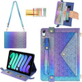 Shiny Case for iPad mini 7 2024/Mini 6th Gen Handbag Case, Techcircle Iridescent PU Leather Folio Envelope Pocket Stand Cover with Hand Strap+Shoulder Strap+Pencil Holder+Card Slots, Shiny Indigo