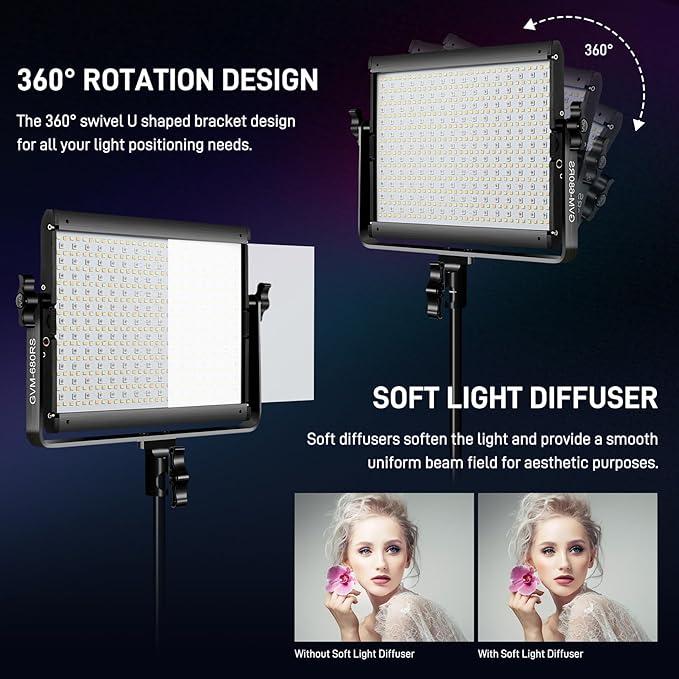 GVM Upgraded 680 RGB LED Video Light with Lightings Stand Kit, 50W Photography Lighting with Bluetooth Control, Studio Light with 18 Lighting Scenes, led Panel Lights for Video Recording, 8500lux/0.5m