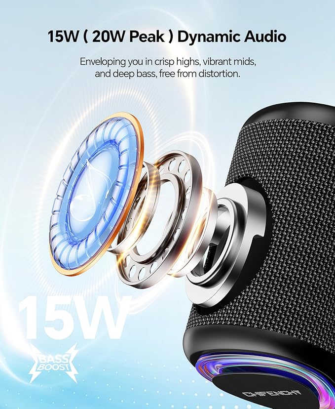 Portable Bluetooth Speaker Beach Essentials: Powerful Crystal Clear Sound/Dynamic Light/IPX5 Waterproof/All Day Playtime/Wireless BT 5.3/TWS Paring, Dad Gifts, Outdoor|Travel|Camping|Pool Accessories