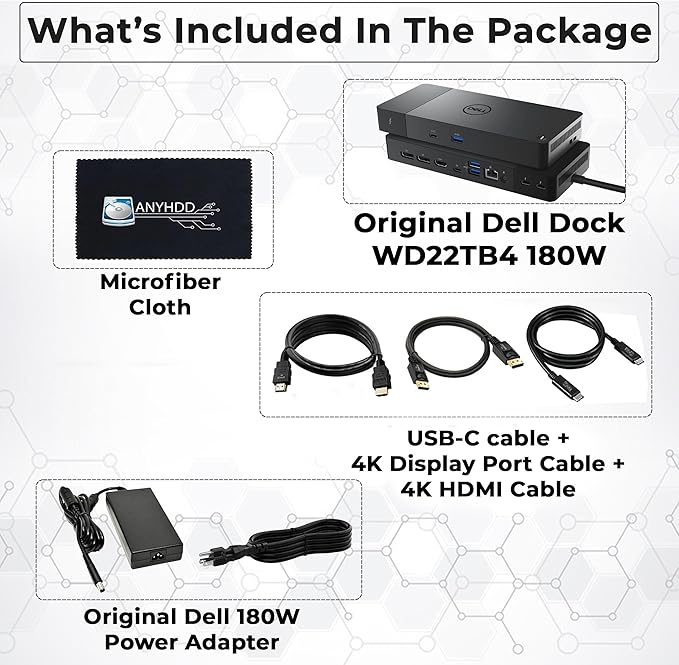 Dell WD22TB4 Thunderbolt 4 Dock Bundle - 40Gbps USB-C/USB-A, 1 Year Warranty with 180W Adapter, Anyhdd HDMI, DP, USB-C Cable & Cloth - Docking Station, Supports Dual/Triple Monitors & 4k Display