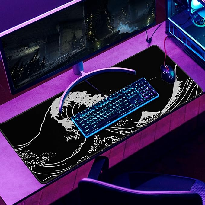 Japanese Sea Wave Gaming Mouse Pad Kanagawa Black Desk Mat Kawaii Mousepad Mouse Pad, Extra Large Deskmat Cut Laptop Mouse Pads Decor