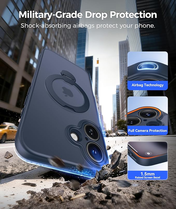 FNTCASE for iPhone 16 Plus Case: [360 Spin Magnetic Stand] [Compatible with Magsafe] [Screen Protector] Translucent Matte Military Grade Shockproof Full Camera Protective Phone Cover - Deep Blue