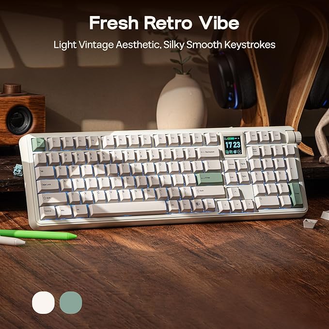 EPOMAKER RT100 PRO Wireless Gaming Keyboard with 1.54" Screen&Knob, RGB, 2.4Ghz/BT/USB-C, Hot Swap, 5000mAh, PBT Keycap, Custom Driver, Retro Mechanical Keyboard for Win/Mac (White, Creamy Jade)