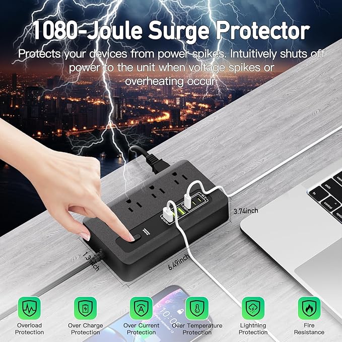 Power Strip with USB, HITRENDS 6 Ft Surge Protector Flat Plug Extension Cord with 8 Outlets 3 USB Ports & 3 Type-C Port (5V/3A), Outlet Extender for Home Office,Black