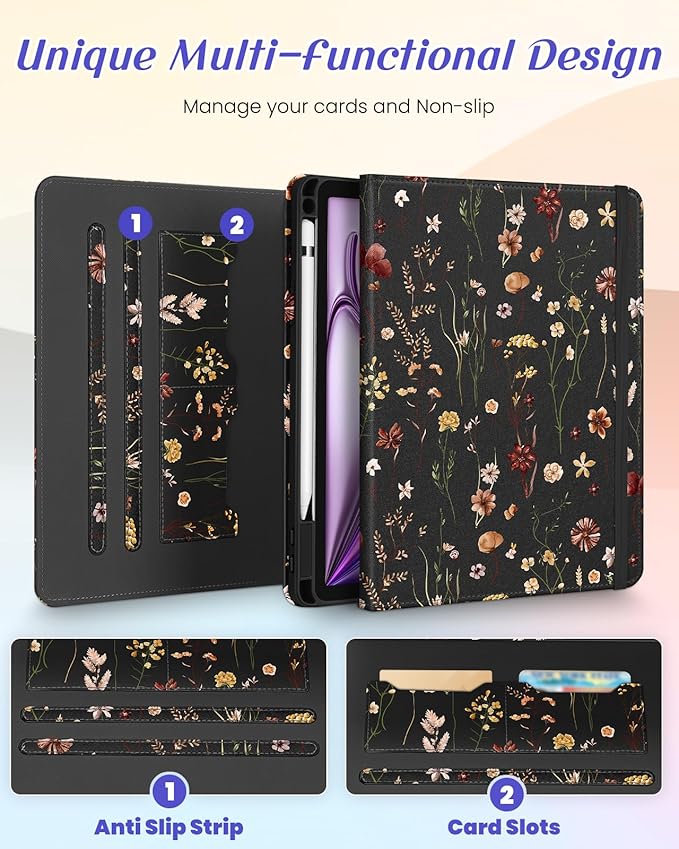 Kidcube for iPad Air 13 Inch Case (M3/M2)/for iPad Pro 12.9 Cases 6th/5th (2022/2021) - Women Girls Cute Rotating Stand Folio Cover with Pencil Holder & Card Slot Design Flowers Floral Unique Cover