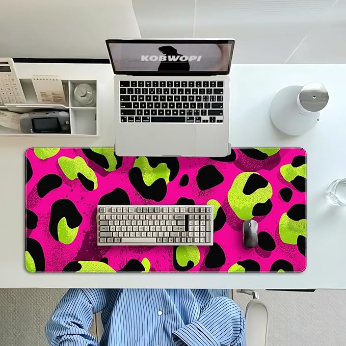 35.4 x 15.7 in, XXL Large Mouse Pad for Desk, Extended Keyboard Mouse Mat for Computer Office, Big Mouse pad with Stitched Edges, Gaming Pc-Leopard Print Pink Green