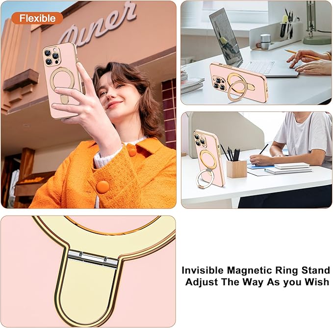 Compatible with iPhone 13 Pro Case with Invisible Magnetic Ring Stand [Compatible with Mag-Safe] [Full Camera Lens Protector] Soft Plating Phone Case for iPhone 13 Pro 6.1", Solid Pink