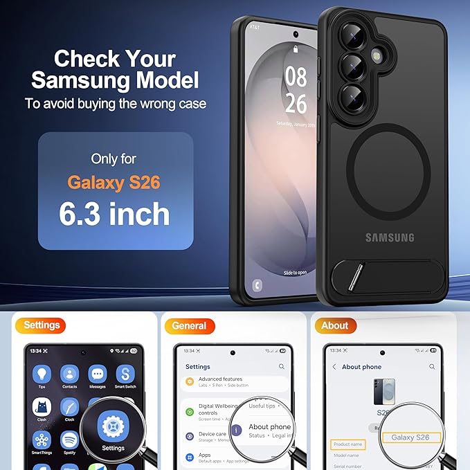 Magnetic for Samsung Galaxy S26 Case, [Compatible with MagSafe][Full Camera Protection][Built-in Invisible Kickstand] Translucent Matte Phone Case for S26 6.3" - Black