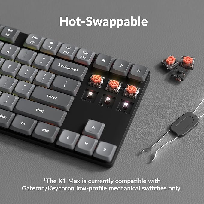 Keychron K1 Max Ultra-Slim Wireless Mechanical Keyboard, 80% TKL Layout Bluetooth/2.4 GHz/Wired Keyboard with Low-Profile Gateron Brown Switch, Hot-Swappable, RGB Backlit QMK for Mac Windows Linux