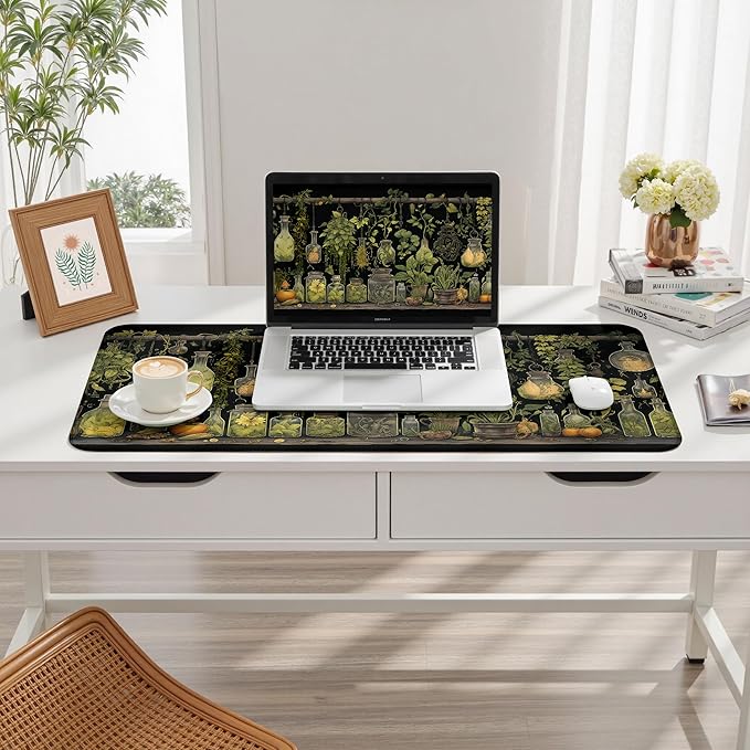 Witchy Botanical Green Plants Desk Mat Mouse Pad Large Gaming Mouse Pad Mystical Dark Cottagecore Mousepad Computer Laptop Keyboard and Mouse Mat, Desktop Protector Mat