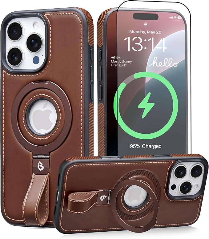 Butaiga for iPhone 15 Pro Max Leather Case with Stand, Anti-Slip Grip Ring, Fits for MagSafe (Cocoa, iPhone 15 Pro Max)