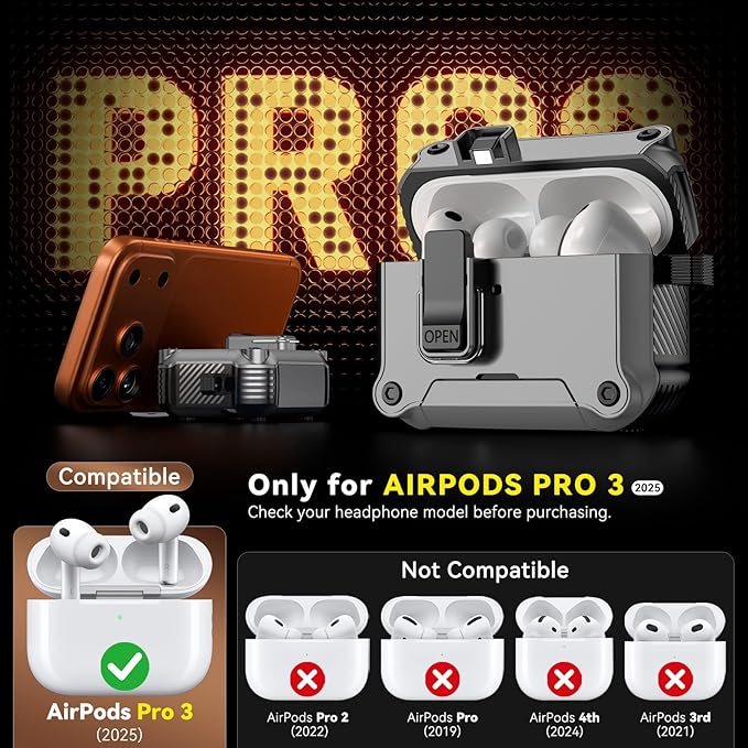 Inesore Compatible with AirPods Pro 3 Generation Case,Secure Lock & Phone Stand Design,Compatible with MagSafe,Automatic Snap Switch Secure Cover for New AirPods Pro 3rd (2025)-Silver