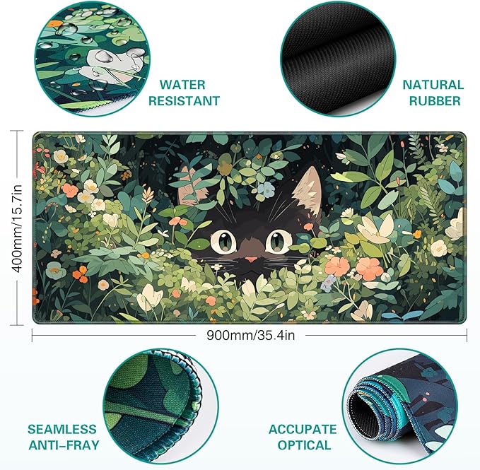 Anime Cat Mouse Pad, Green Desk Mat, Kawaii XXL Large Gaming Mouse Pad Keyboard with Stitched Edges Non-Slip, 35.4×15.7in Mousepad Mat for Desktop Computer Laptop Office Women Decor Funny