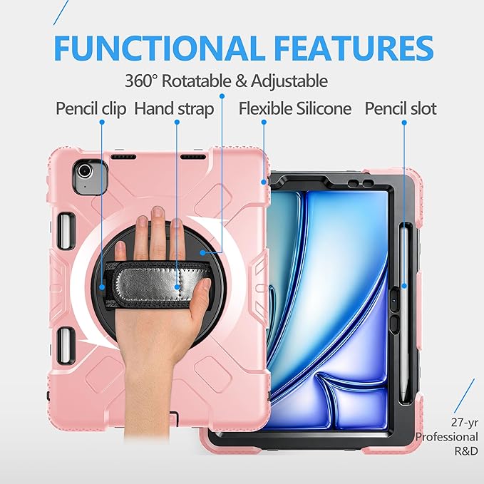 Case for iPad Air 11 M4 2026/ M3 2025/ M2 2024: Silicone Cover for iPad Air 5th & 4th Generation 10.9 Inch (2020/2022) with Screen Protector- Stand- Handle- Shoulder Strap- Pencil Holder
