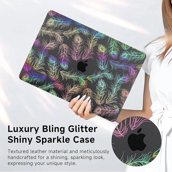 Funut for MacBook Air 13 inch M5 2026 2025-2022 M4 M3 M2 A3449 A3240 A3113 A2681,Plastic Hard Protective Shell Case + Keyboard Cover for M5 MacBook Air 13.6",Transparent Feathers, Black Feather