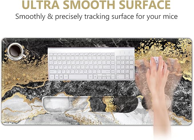 DINKY Keyboard Mouse Pad Set, Large Gaming Mousepad + Memory Foam Ergonomic Keyboard Wrist Rest Support, Easy Typing Pain Relief, 4Pcs (35.4" x 15.8") Extended Desk Mat -Black Gold Marble