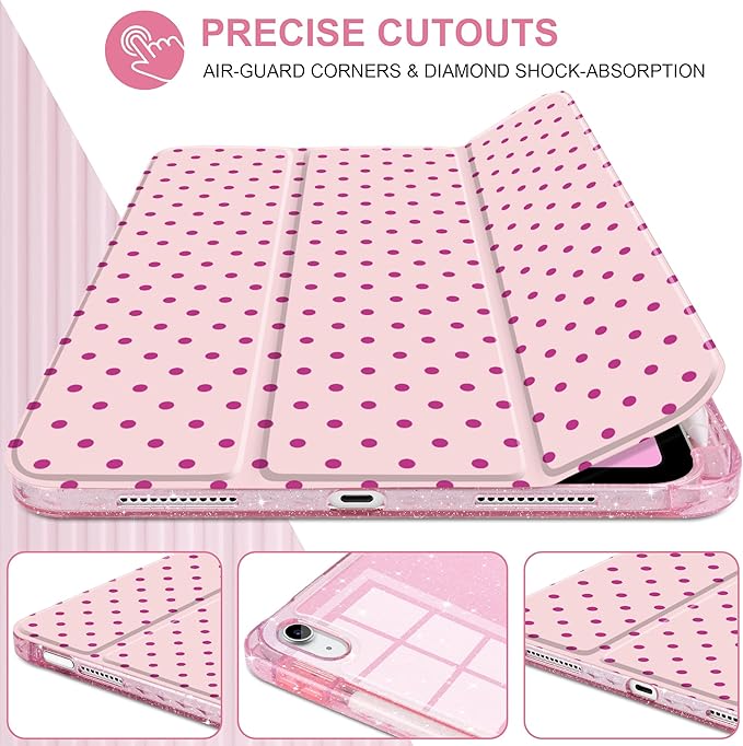 DONGKE for iPad Pro 11 inch Case – Fits M5 2025 / M4 2024, Shockproof Sparkling Glitter Acrylic Back, Pencil Holder, Trifold Stand, Auto Sleep/Wake & Touch ID Support - Pink Polka Dot