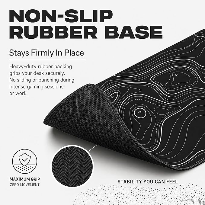 Large Gaming Mouse Pad Black Topographic Contour Mouse Pad Extended XL Long Mousepad Big Desk Mat with Stitched Edges & Nonslip Rubber Base for Company Office Work, 31.5 X 11.8 Inch