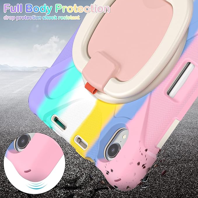 BRAECNstock Kids Case for Apple iPad mini 7 (A17 Pro)/ Mini 6 2024/2021 8.3-Inch Shockproof Protective iPad mini Case with Screen Protector, Rotating Stand, Handle Grip, Pencil Holder, Rainbow Pink