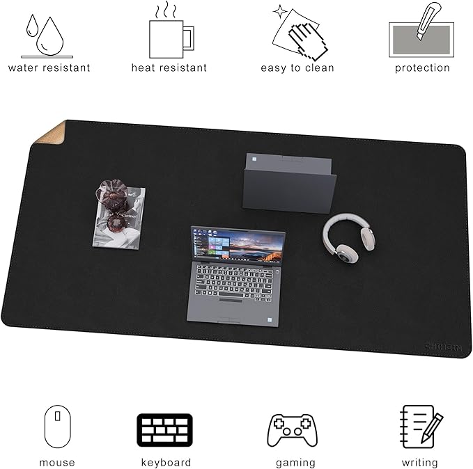 Chihein Cork & PU Leather Desk Mat 55” x 28” - Extra Large Mouse Pad, Double Sided Waterproof Desk Pad Protector for Executive Desk, Dining Table, Office Desk (Black)