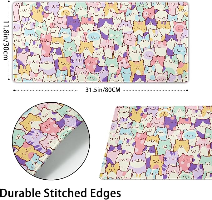 Kawaii Large Mouse Pad 31.5x11.8 Inches XL Extended Gaming Mousepad Funny Cute Cat Desk Mat, Long Computer Keyboard Mouse Mat Non-Slip Base Desk Pad Stitched Edges for Home Game Office Work