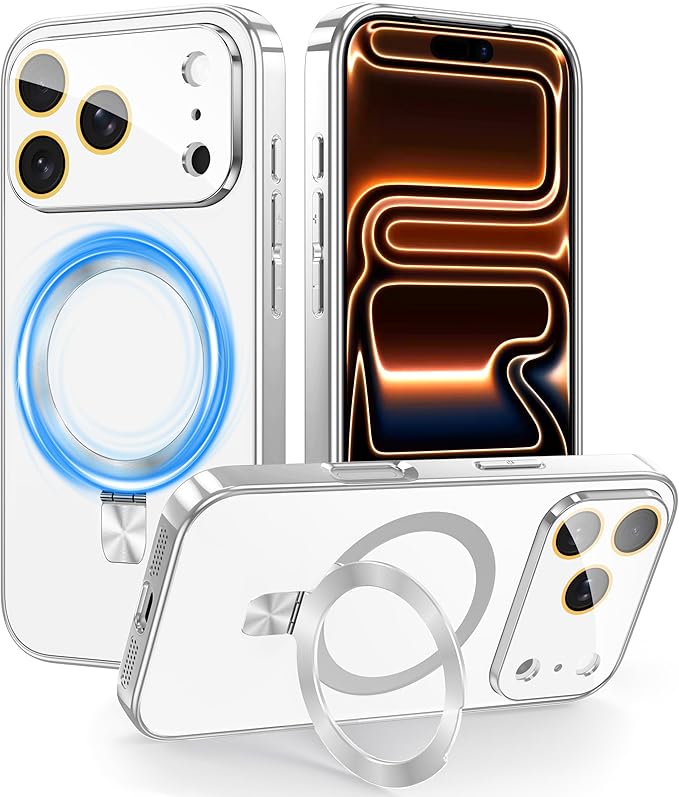 TOBOVON Magnetic for iPhone 17 Pro Max Case with Ring Stand, Fits MagSafe, with Built-in Camera Lens Protector, Slim Electroplated Shockproof Phone Cover, Silver