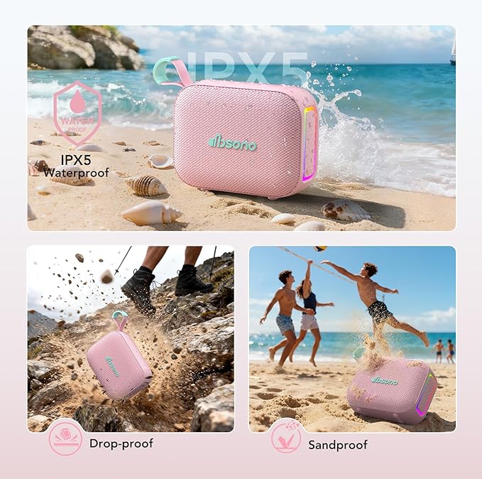 Portable Bluetooth Speaker Waterproof Gift: IPX5 HD Sound Up to 24H Playtime, TWS Pairing, Wireless Speakers with Lights, Mom Gifts, Outdoor|Travel| Camping|Pool|Beach Essentials Accessories-Pink