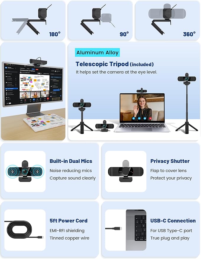 RUWBY QHD 2K Webcam with Built-in Dual Mics, Wide-Angle Lens, Privacy Cover, Tripod Stand, Autofocus PC Camera, Plug and Play for Desktop Computer or Laptop