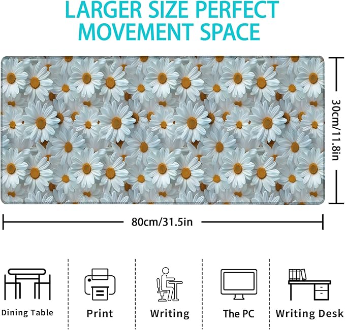 Gaming Mouse Pad, White Daisy Flower Mouse Pad, Desk Mat, Non-Slip Rubber Base MousePads for Computers Laptop Office School Home Accessories Decor 31.5" x 11.8"