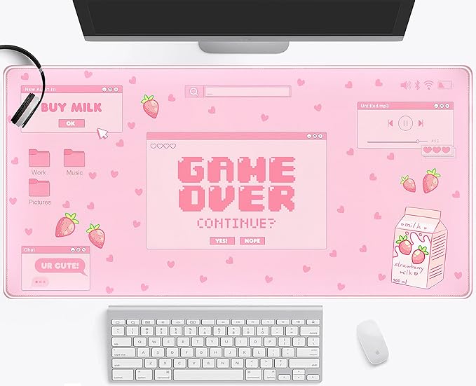 Pink Kawaii Anime Gaming Mouse Pad XXL, Strawberry Milk Mousepad Large, Aesthetic Laptop Keyboard Mats, Full Desk Mouse Mat for Women Girl 31.5X15.7 in