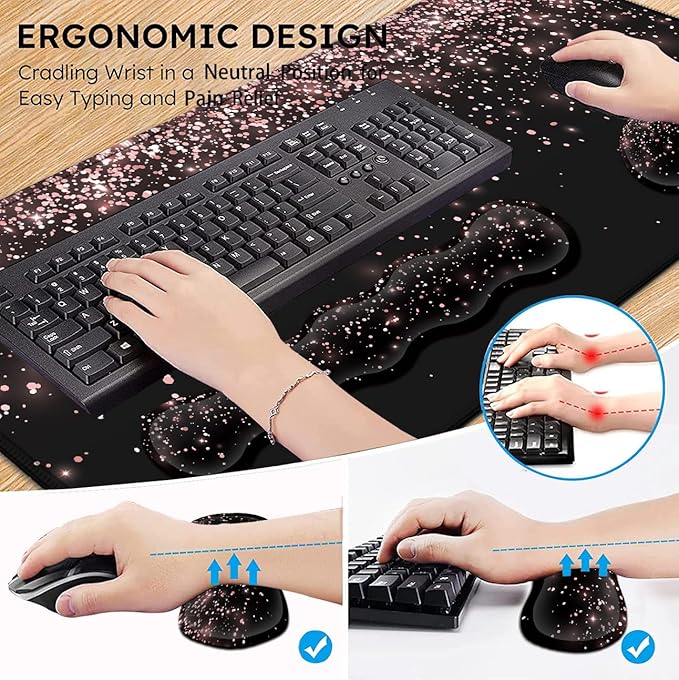 Large Gaming Mouse Pad (31.5x11.8 in) Rubber Base XXL Mousepad with Stitched Edges, Ergonomic Keyboard Wrist Rest, Extended Mouse Mat Desk Pad for Work, Game, Office, Rose Gold Glitter Black Mousepad