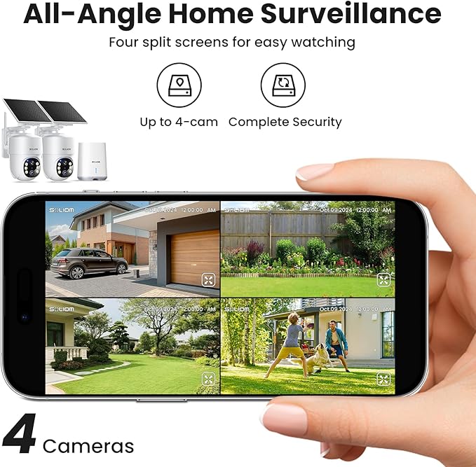 SOLIOM- 5MP Security Cameras Wireless Outdoor, No Subscription & Solar Powered,2-Cam Pack Home Security Camera with 360° Auto Human Motion Tracking, 3K Color Night Vision,5G & 2.4G Router Compatible