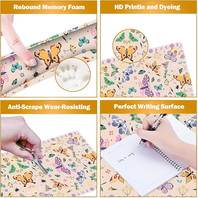 ARTSO Desk Mat Set, Apricot Extended Gaming Mouse Pad with Wrist Rest Support +Keyboard Wrist Rest +Coaster, Large Cute Butterfly Mousepad, Easy Typing and Pain Relief