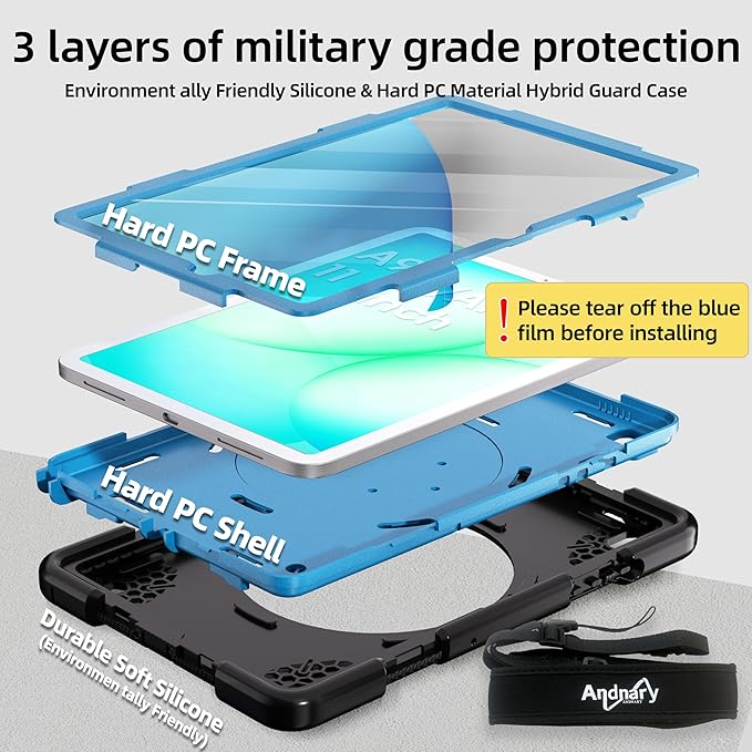 Andnary Case for Samsung Galaxy Tab A9+/A9 Plus Case 11 Inch with Screen Protector/360° Rotating Stand/Pen Holder/Shoulder Strap, Shockproof Cover for Tablet A9+ 5g (Black+Blue)