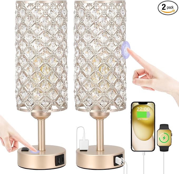 Hong-in Touch Table Lamps for Bedrooms Set of 2-3 Way Dimmable Champagne Gold Crystal Lamps with Crystal Shade, Bedside Nightstand Lamp for Living Room Bedroom Home Office