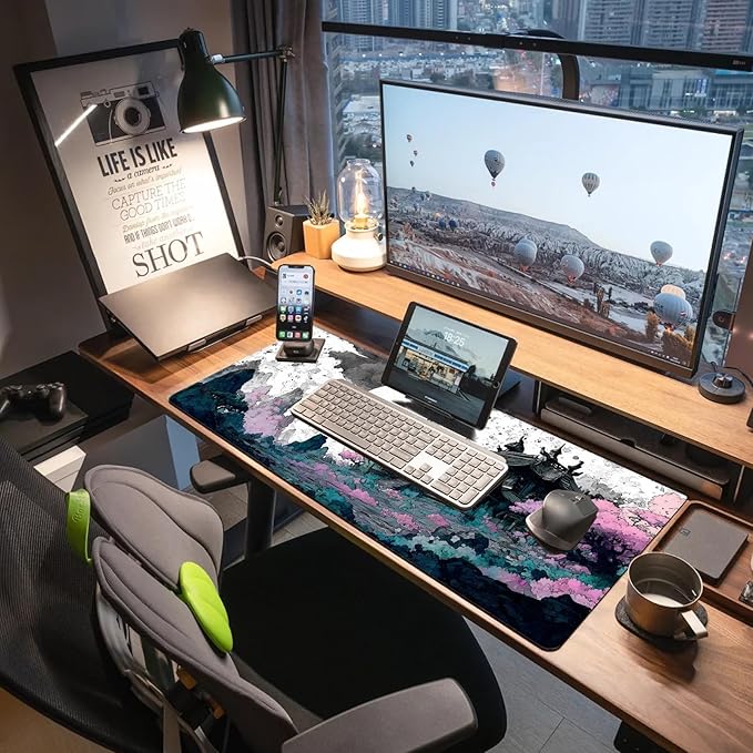 Extended Gaming Mouse Pad, Large Mouse Mat 3 mm Nature Rubber Base Mousepad with Stitched Edges, Non-Slip Desk Mat for Office Home Great Gift 31.5x11.8 Inch (Japanese Ink 1)