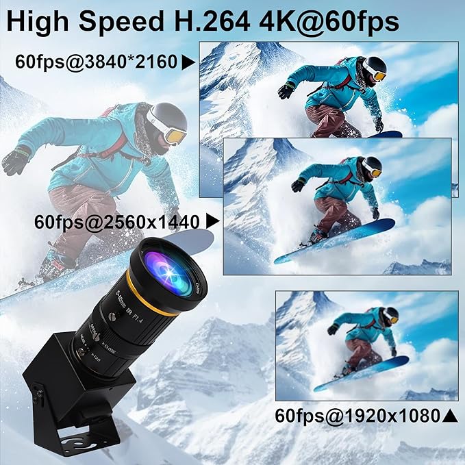 ELP 4K USB3.0 HDMI USB Camera Manual Zoom Webcam 4K 60fps PC Camera Mini Close-up Camera for Computer H.264 Telescope USB Security Camera 8mp Industrial CCTV Camera (5-50mm 10X Zoom Lens)