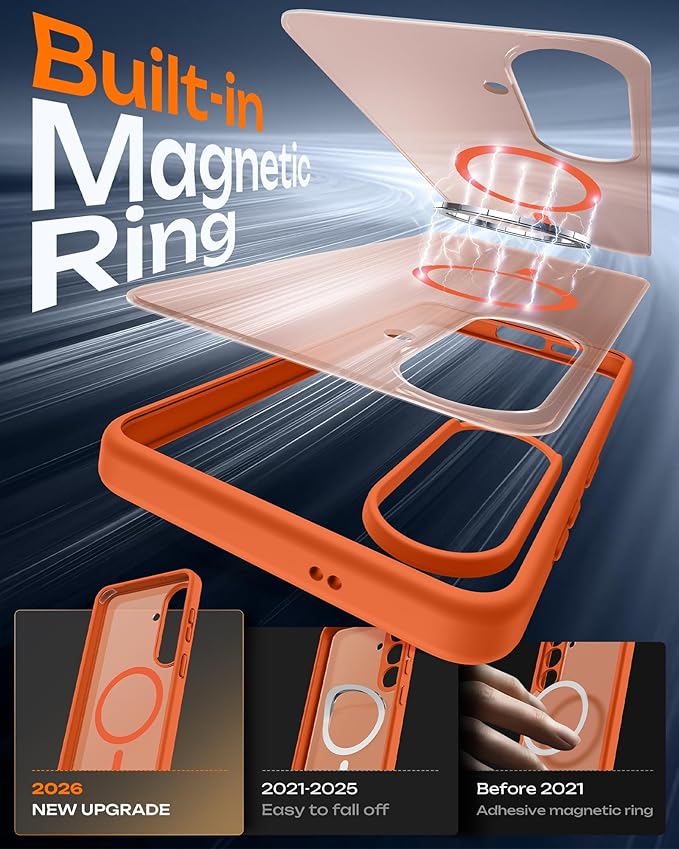TOCOL for Samsung Galaxy S26 Case, Compatible with Magsafe, Full Camera Protection, Built-in Magnetic Ring, Drop Protection, Translucent Matte Phone Case for S26 6.3 inch (Orange)