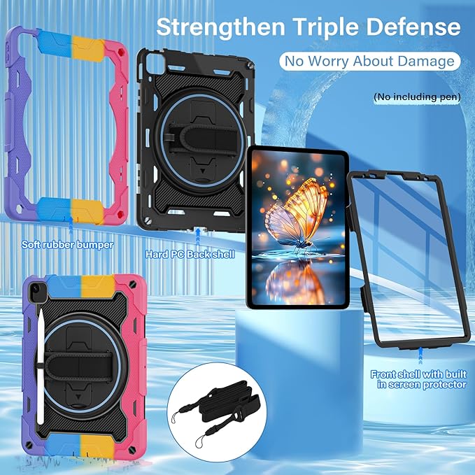 for iPad Pro 11 Case 4th 3rd 2nd 1st Gen (2022 2021 2020 2018) & iPad Air 5th 4th Generation 10.9 inch Case with HD Screen Protector, 360 Rotating Kickstand/Hand Strap, Shoulder Strap